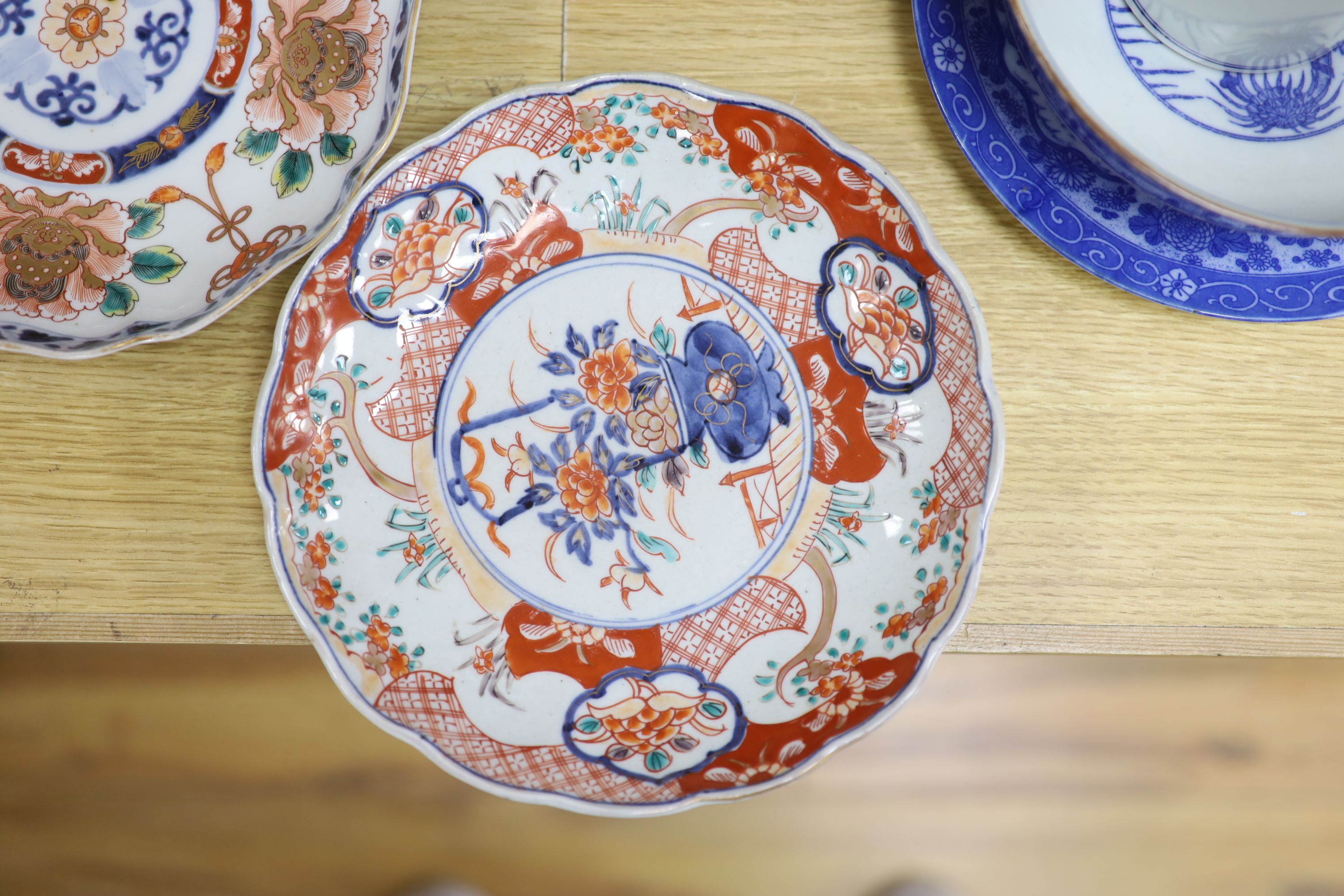 Three Japanese Imari vases, a plate and other Japanese ceramics